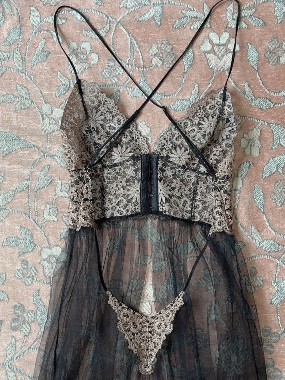 Victoria’s Secret Black Mesh & Brown Floral Embroidered Open Front Slip - Picture 2 of 4